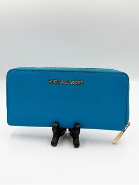 Michael Kors Bright Blue Zip Wallet with Gold Hardware